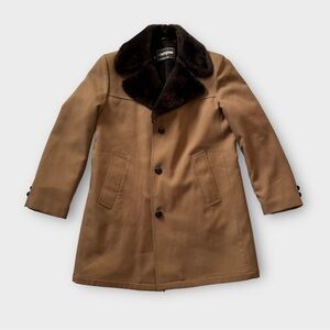 Vintage 70s/1970s jacket, camel tan with chocolate brown faux fur trim